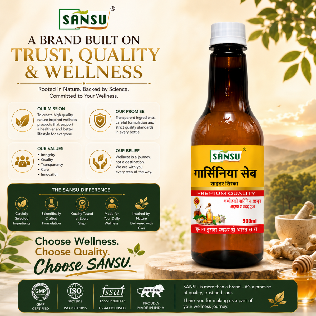 Sansu Garcinia Apple Cider Vinegar With Raw Turmeric Garlic Ginger & Honey 500ml