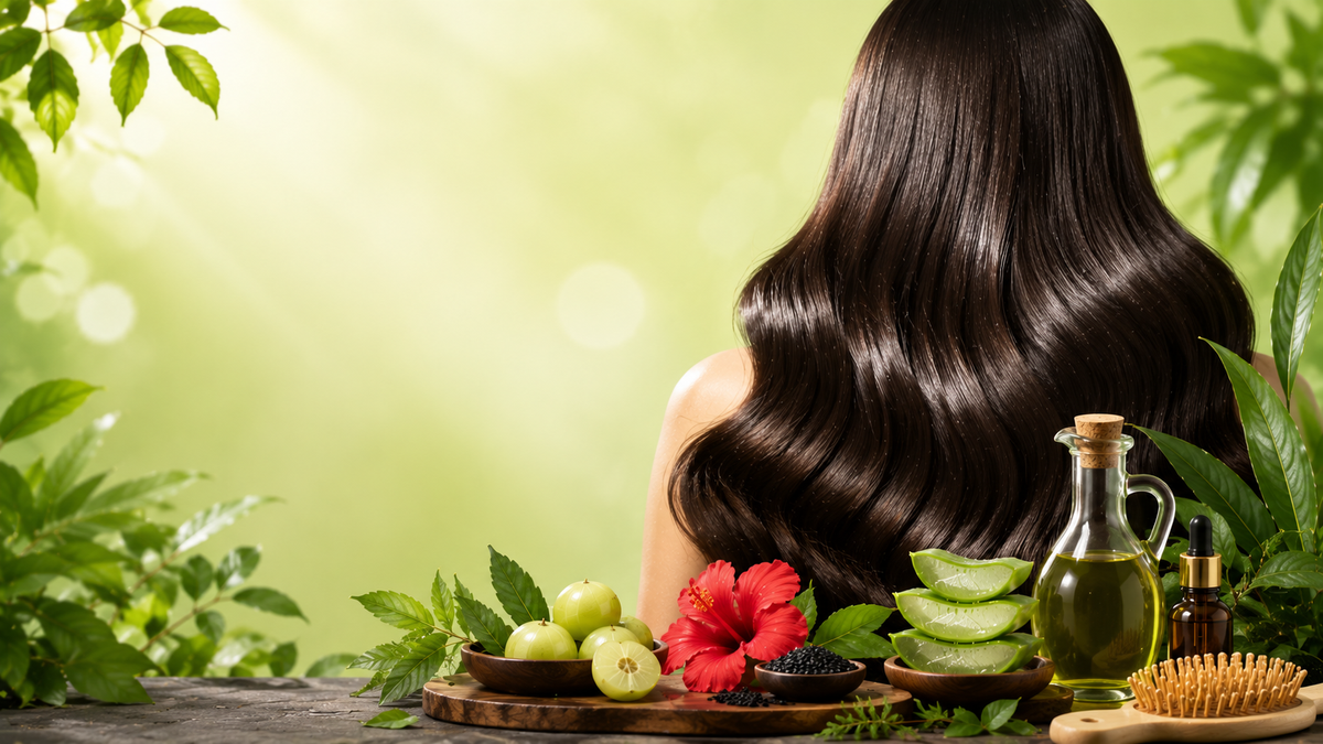 Woman with long, shiny hair surrounded by herbs