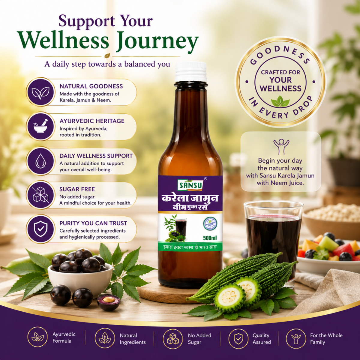 SANSU Karela Jamun Neem Juice | Diabetes Care | Controls Blood Sugar Naturally | 100% Pure Herbal Juice - 500 ML (500ml)