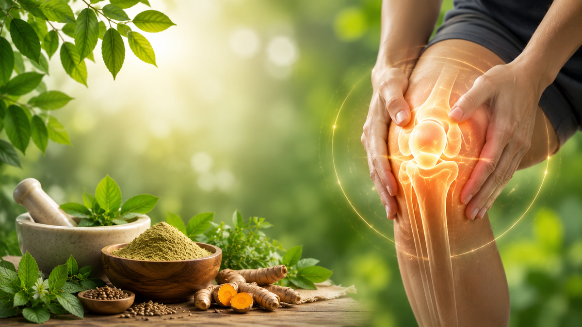 Person holding their knee, herbs on a table