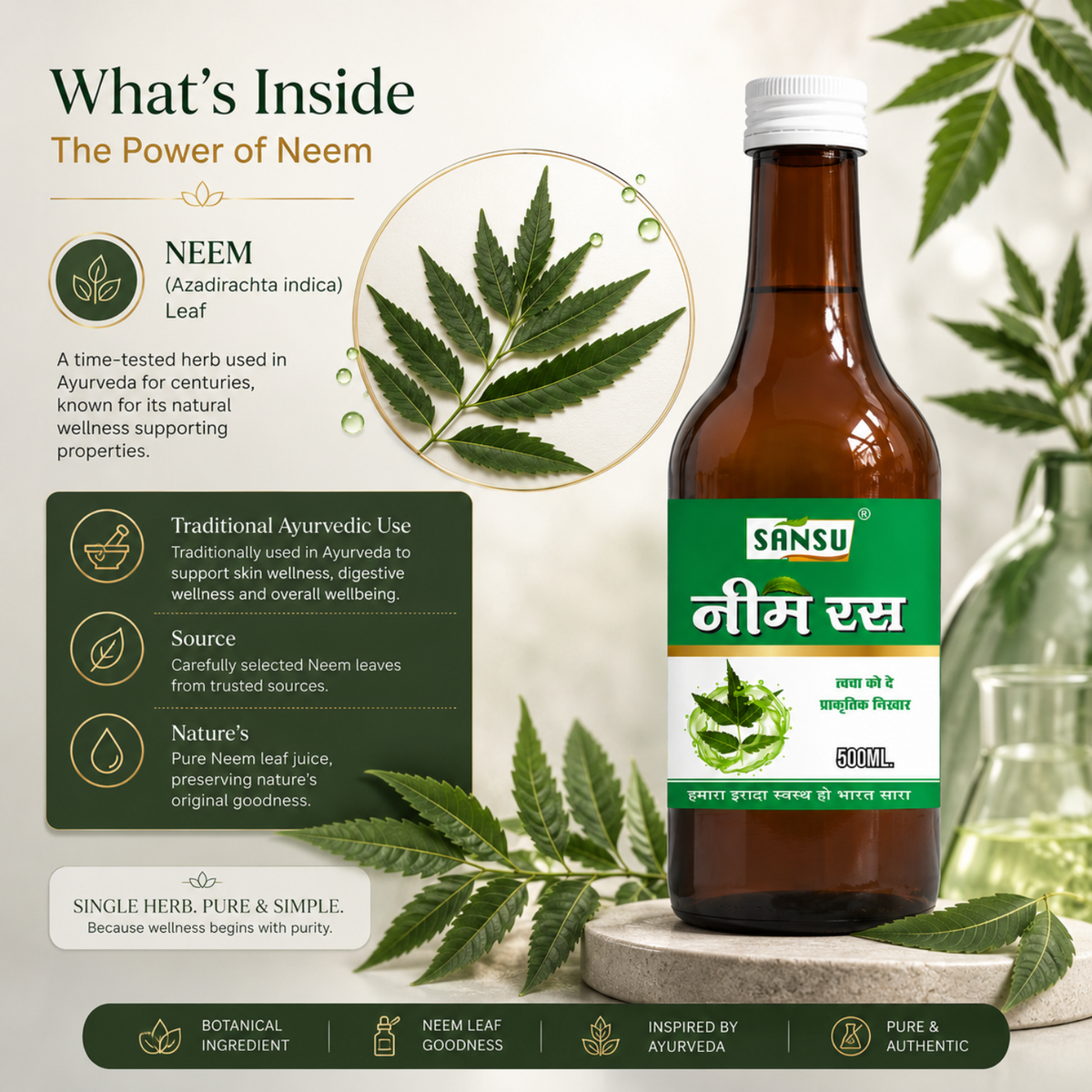 Sansu Neem Juice / Ras | Good for Health Hair and Skin | Boosts Immunity | Helpful in Digestion | 100% Natural (500 ml)