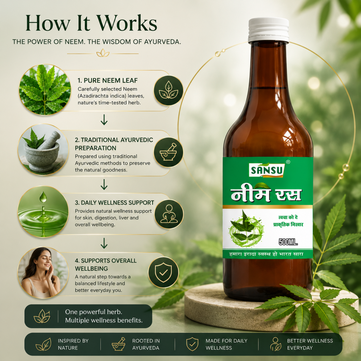 Sansu Neem Juice / Ras | Good for Health Hair and Skin | Boosts Immunity | Helpful in Digestion | 100% Natural (500 ml)