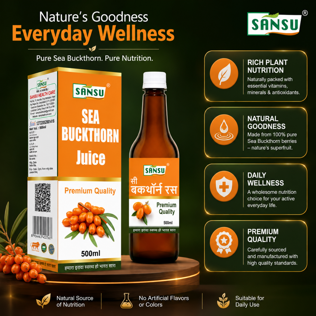 Sansu Sea Buckthorn Juice Immunity Booster, Rich in Vitamins (500 ML)