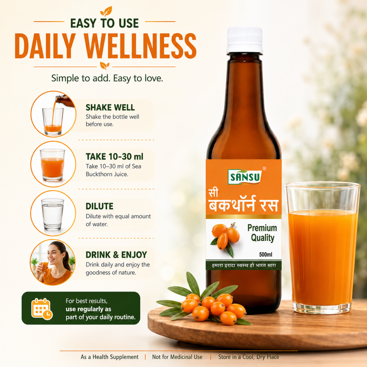 Sansu Sea Buckthorn Juice Immunity Booster, Rich in Vitamins (500 ML)