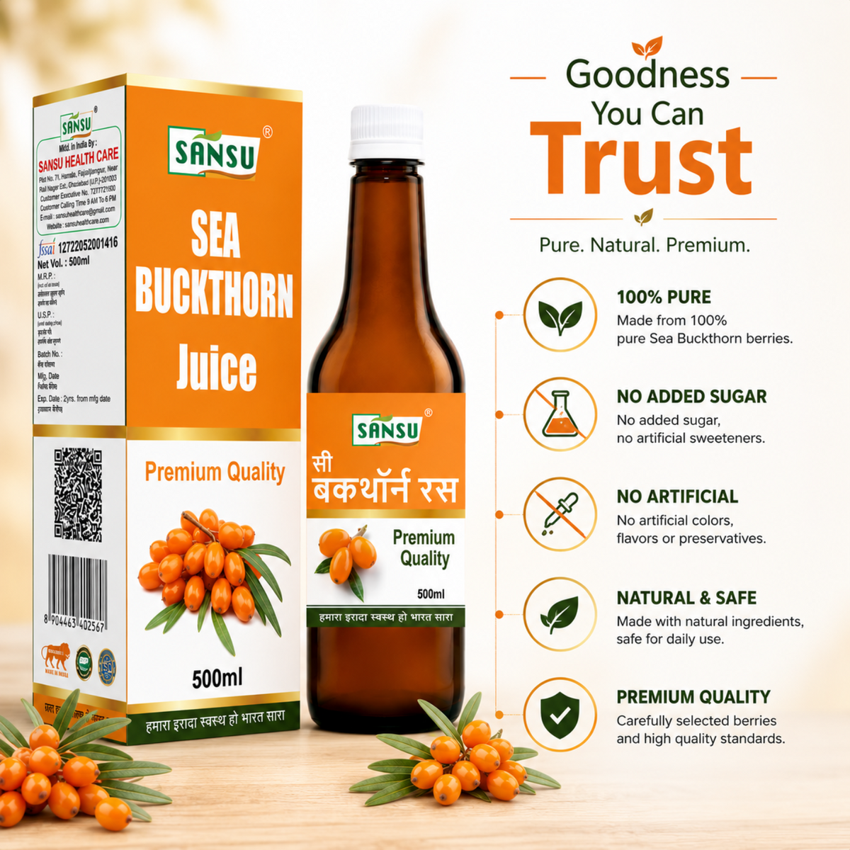 Sansu Sea Buckthorn Juice Immunity Booster, Rich in Vitamins (500 ML)