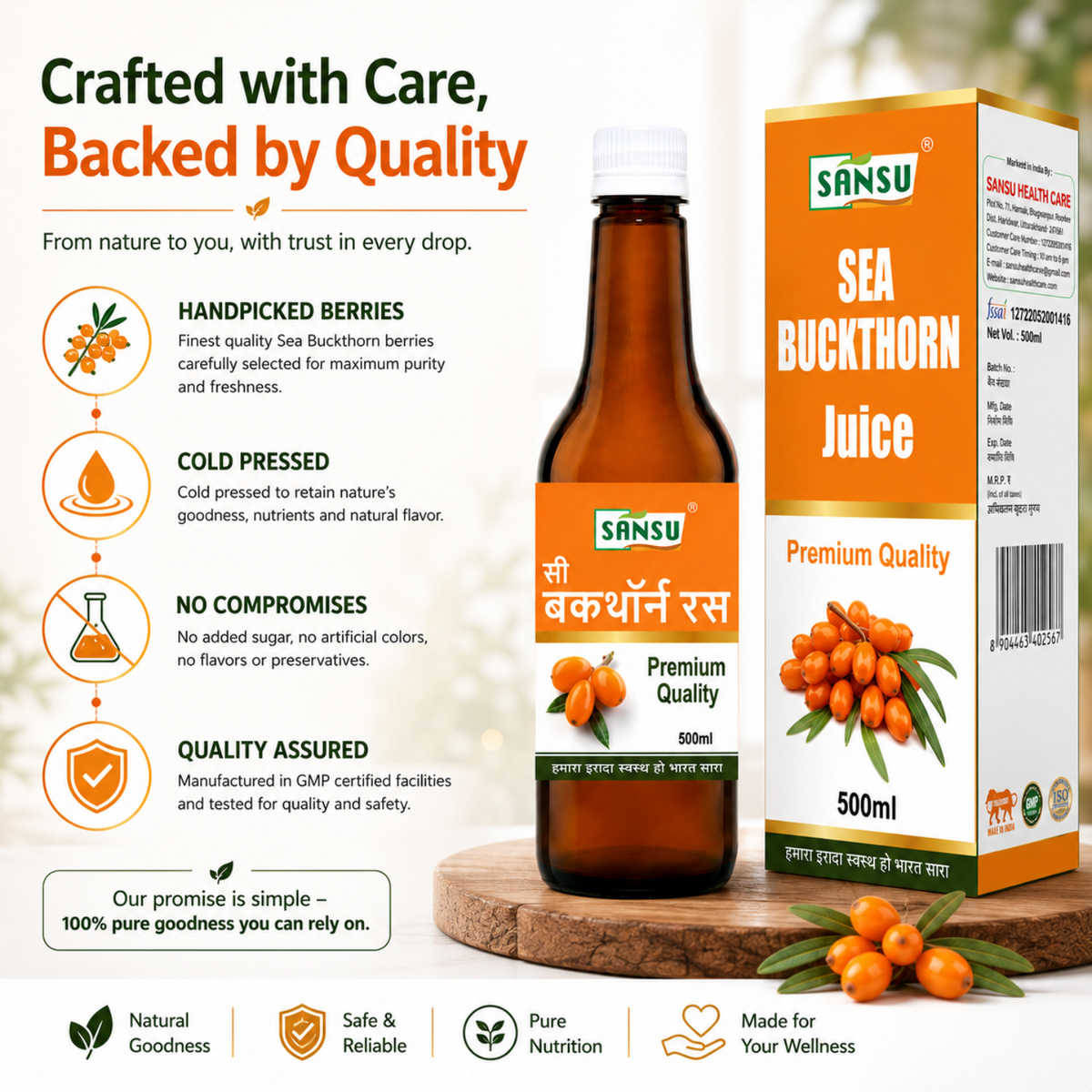 Sansu Sea Buckthorn Juice Immunity Booster, Rich in Vitamins (500 ML)