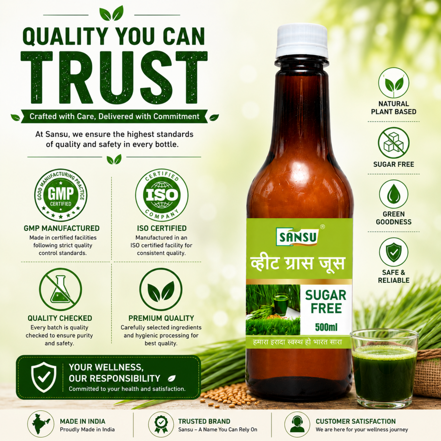 Sansu Wheat Grass Juice | Good For Immunity | 100% Natural (500 ml)