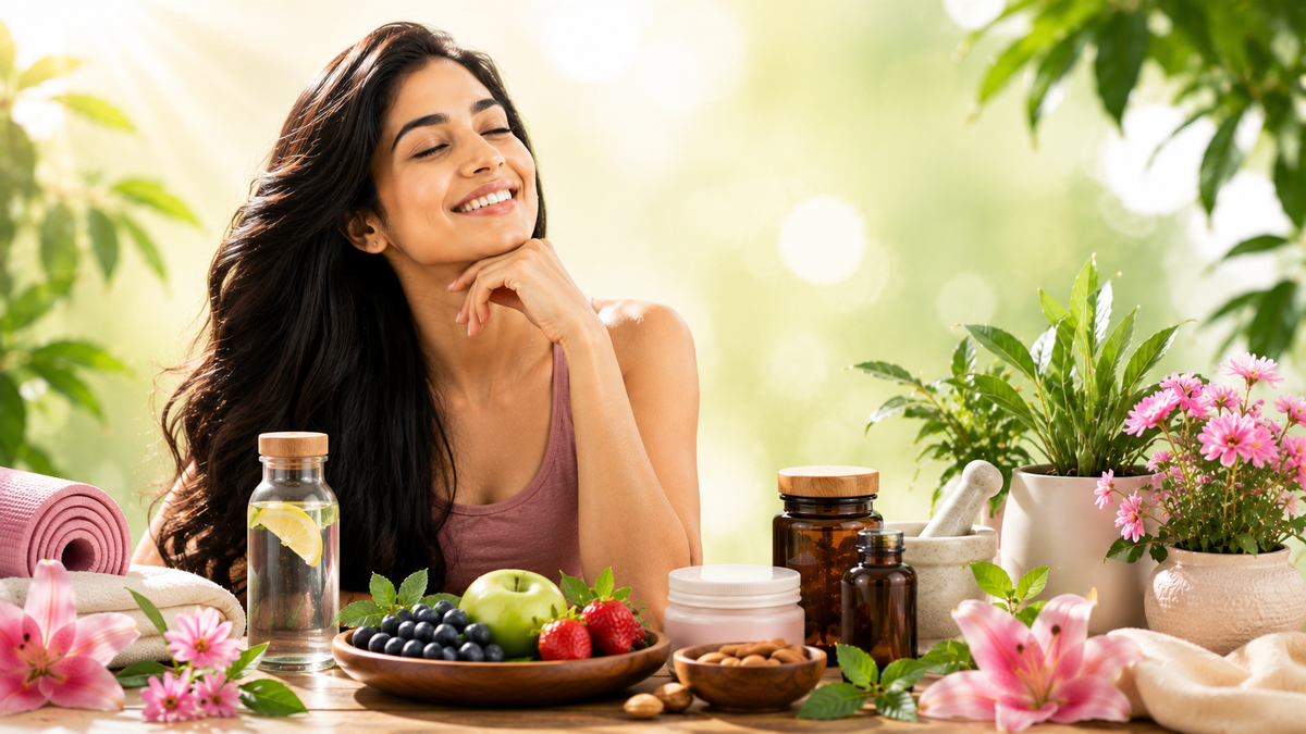 Smiling woman relaxing among plants