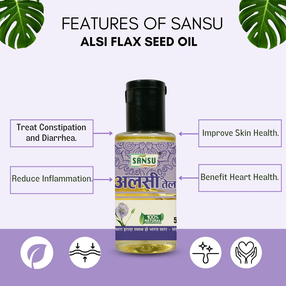 SANSU Extra Virgin Alsi/Flax seed Oil, Cold Pressed, High in Omega 3 (Pack of 2) [50 mlx2]