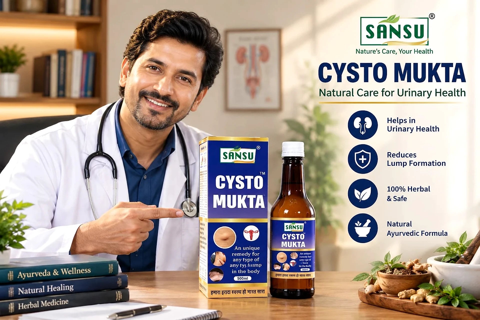 A doctor pointing to the Sansu Cysto Mukta pack and bottle