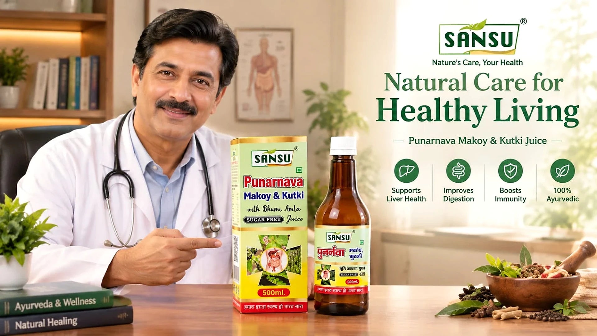 A doctor with the Sansu Punarnava Makoy and Kutki juice