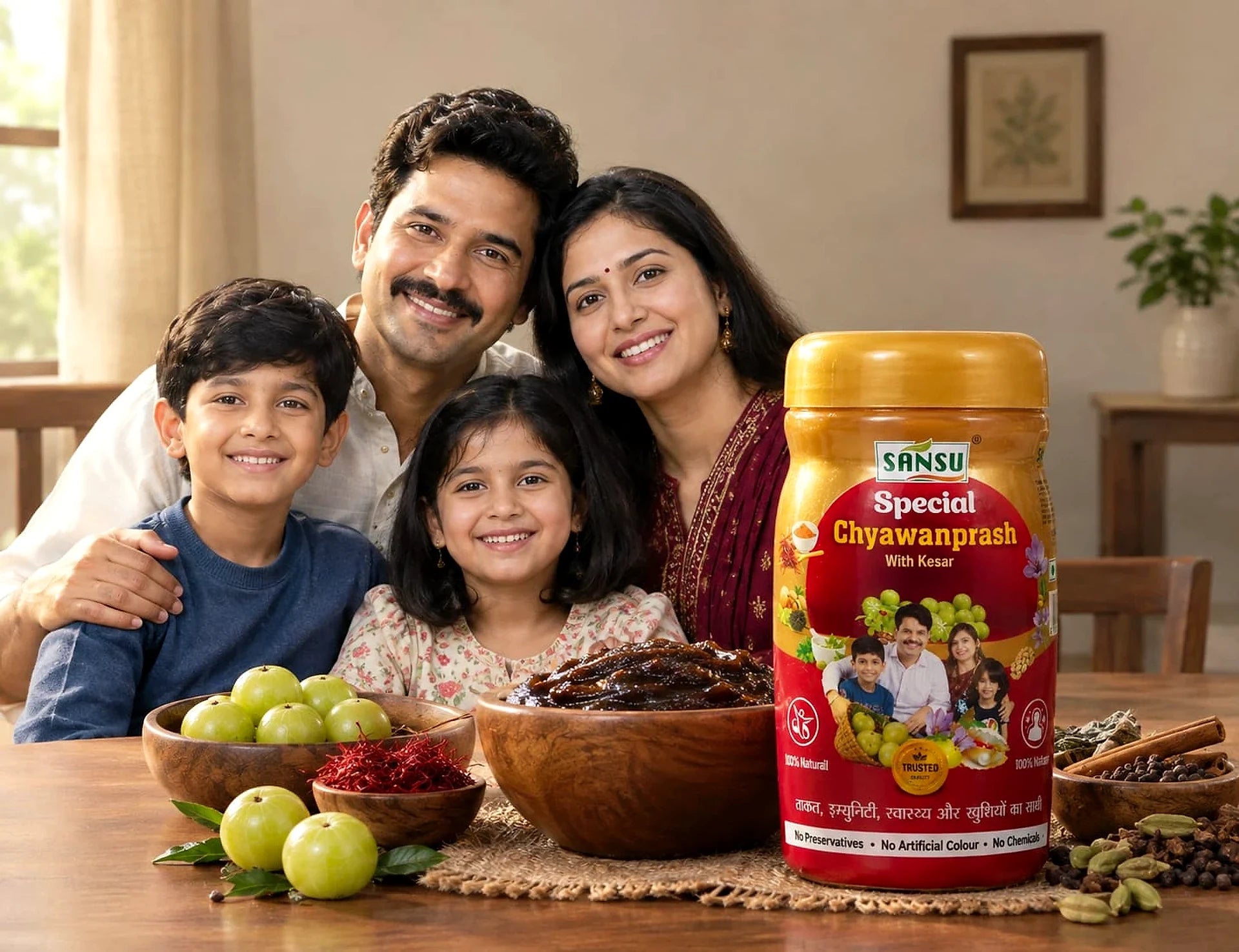 A family together with a jar of Sansu Special Chyawanprash