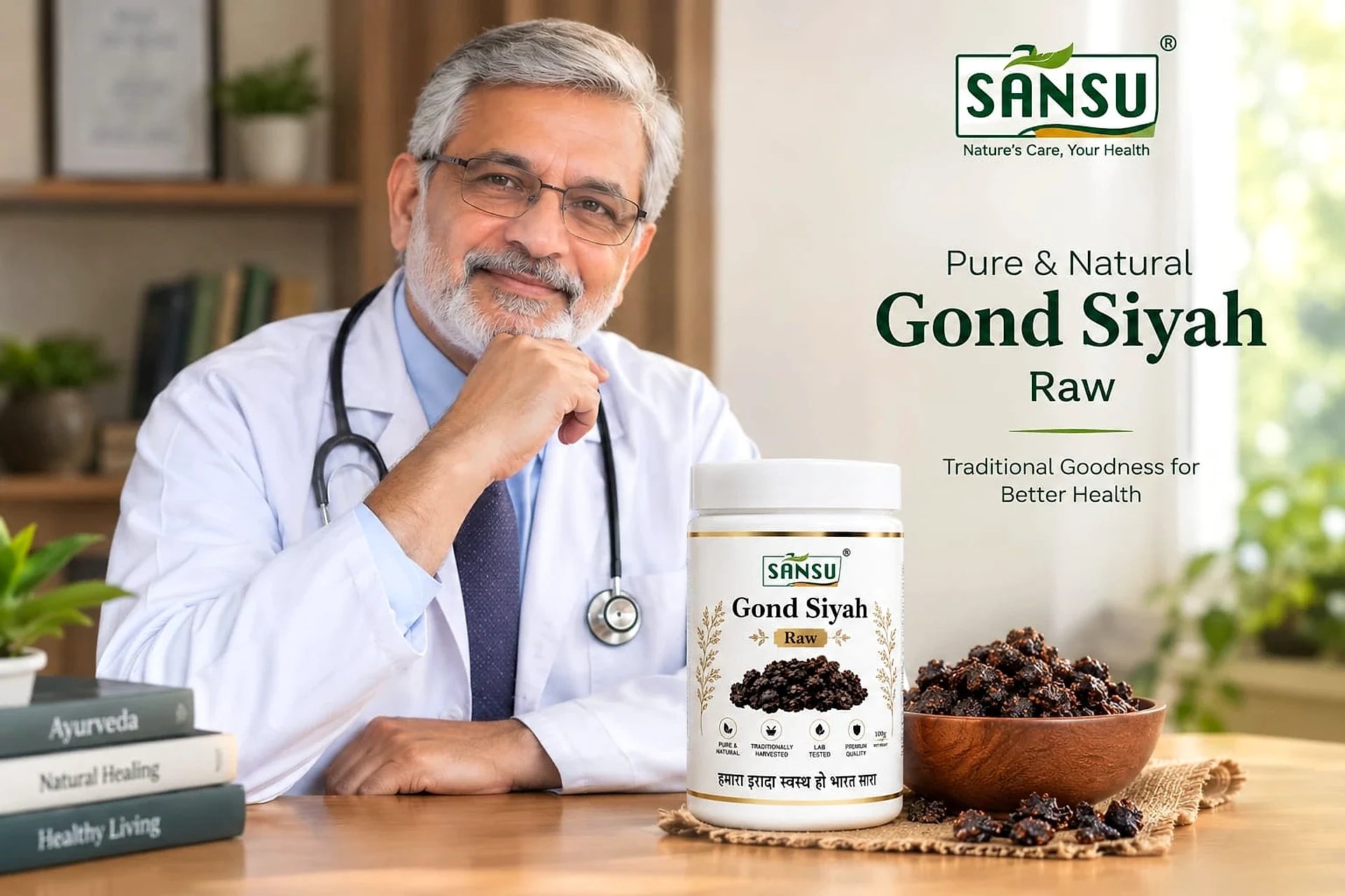 A doctor with the Sansu Gond Siyah Raw jar and a bowl of gond