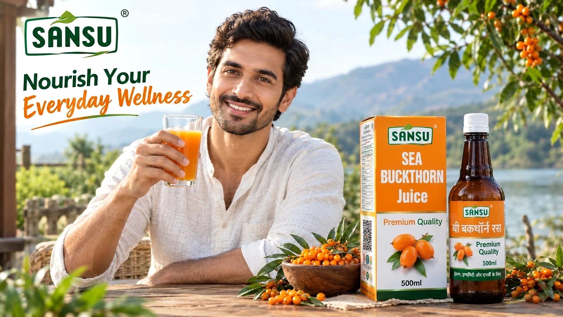 A man enjoying a glass of Sansu Sea Buckthorn juice