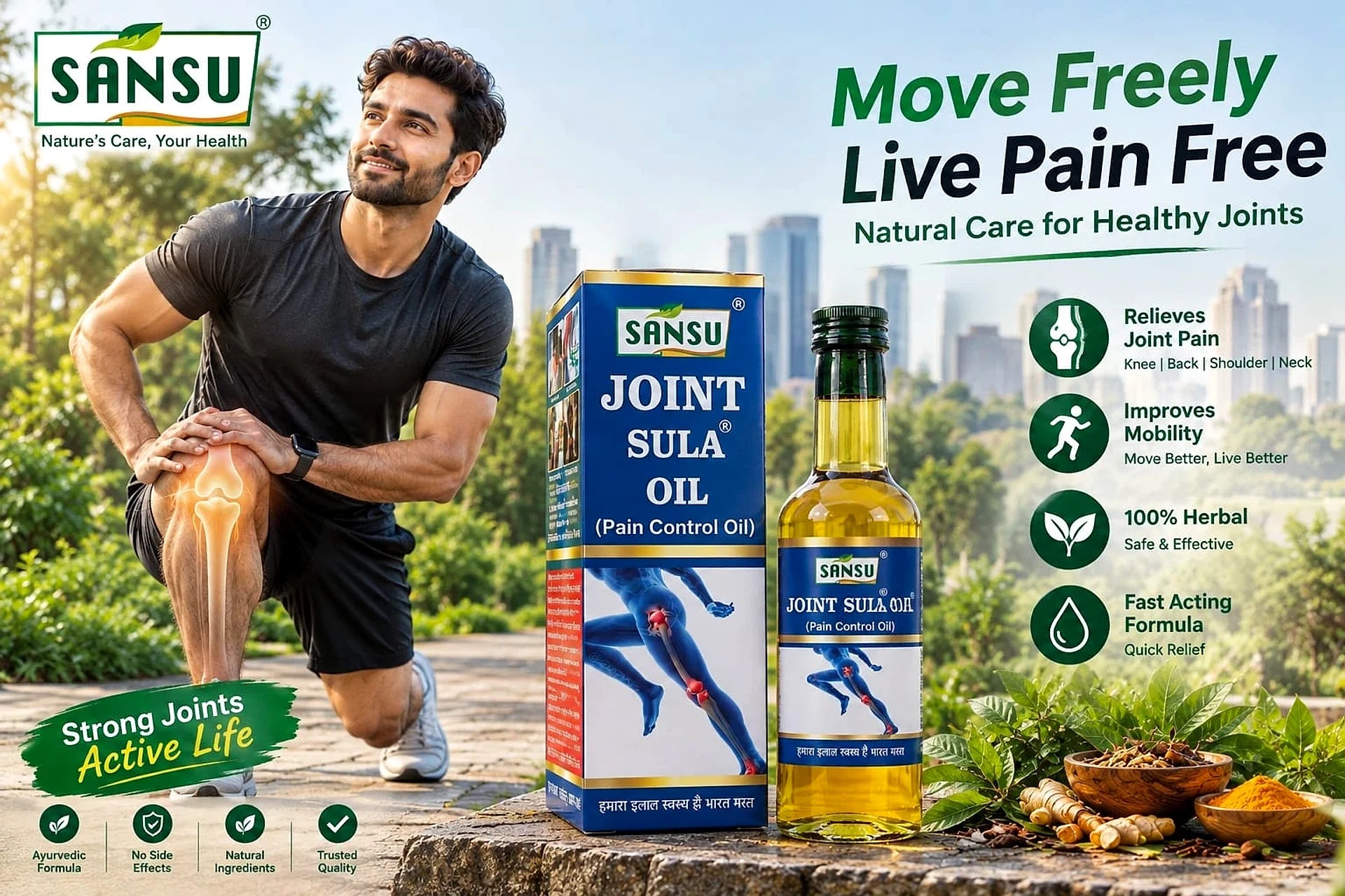 A man kneeling outdoors beside Sansu Joint Sula Oil